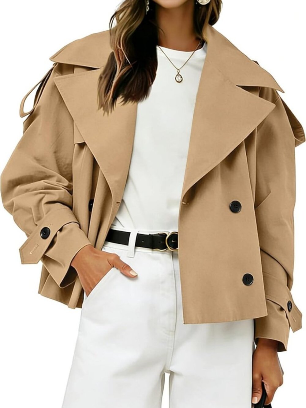 Chic Women's Cropped Double Breasted Trench Coat with Belt - Stylish Outerwear
